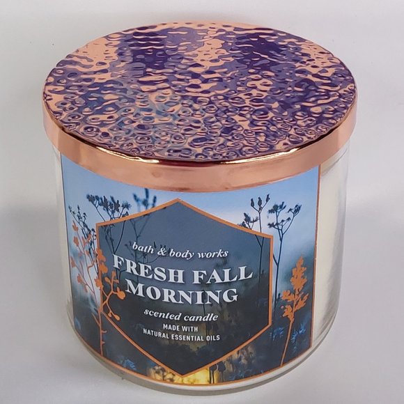 BATH & BODY WORKS HOME 'FRESH FALL MORNING' 3~WICK CANDLE HAMMERED COPPER TOP - Picture 10 of 13